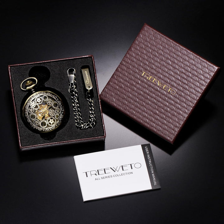 TREEWETO Mechanische Skelett-Taschenuhr für Herren und Damen, Bronze-Ausrüstung, hohles Gehäuse, Ste