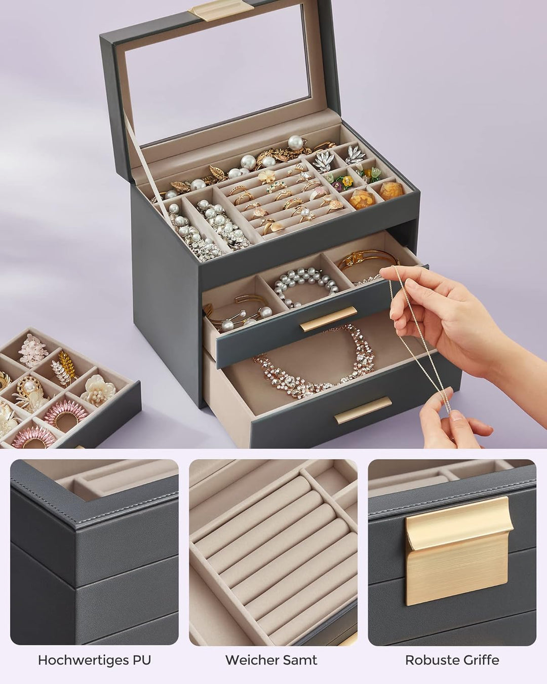 SONGMICS Schmuckkästchen, Schmuckkasten mit 4 Ebenen, Schmuckbox mit Glasdeckel, 3 Schubladen, für S