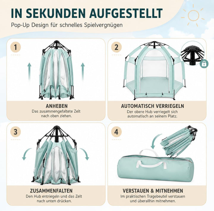 Spielzelt Pop Up mit Sonnendach, 360° Mesh &amp; Tragetasche，Mintgrün, Mintgrün