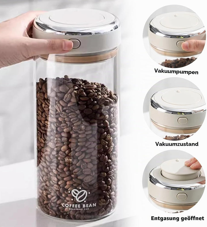 Glas Kaffeedose Luftdicht, 1,7L Vakuum Kaffeebohnen Transparent Behälter mit Auslassventil Datumsanz