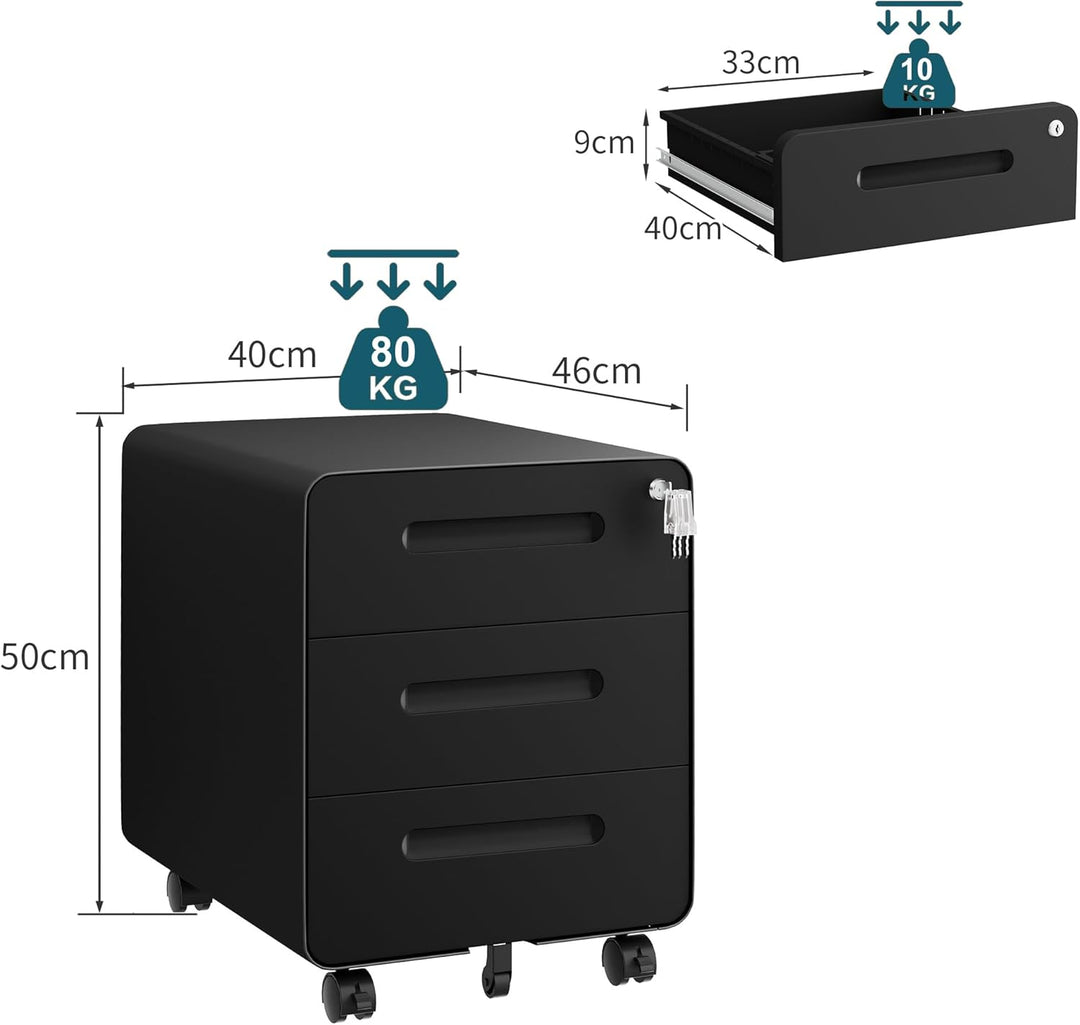 Rollcontainer mit 3 Schubladen, Aktenschrank, Abgerundetes Eckendesign, Abschliessbar, 4 Schlüsseln,