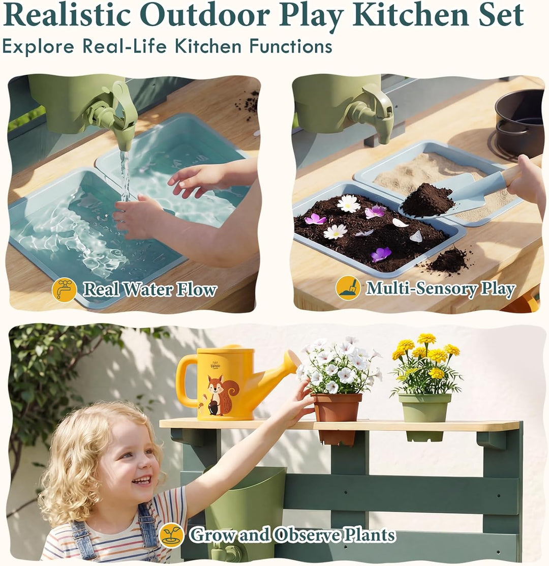 Lehoo Castle Holz Outdoor Matschküche für Kinder, Spielküche mit Echtem Waschbecken Küchenzubehör, G