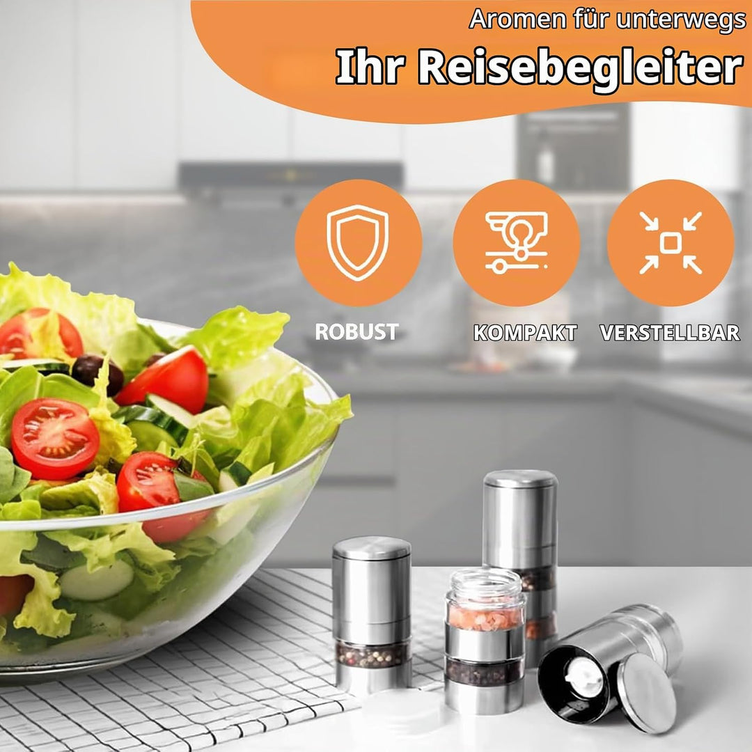 5 in 1 Gewürzstreuer, Edelstahl Gewürzmühle Set, Gewürzdosen Mini Gewürzmühle, Chef Mini Salz- und P