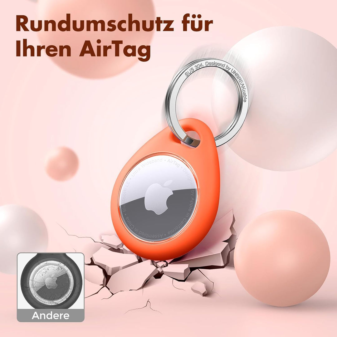 UNBREAKcable 360° Schutzhülle für AirTag [4er-Pack], TPU Vollschutz Schlüsselanhänger mit 304 Edelst