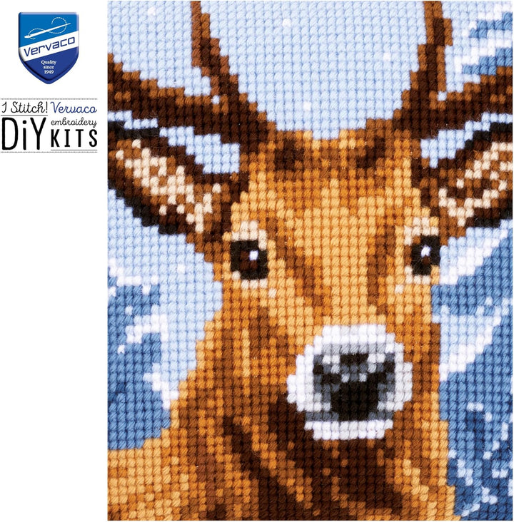 Vervaco Kreuzstichkissen Hirsch Kreuzstichpackung, Stramin, Weiss, 40 x 40 x 0,3 cm