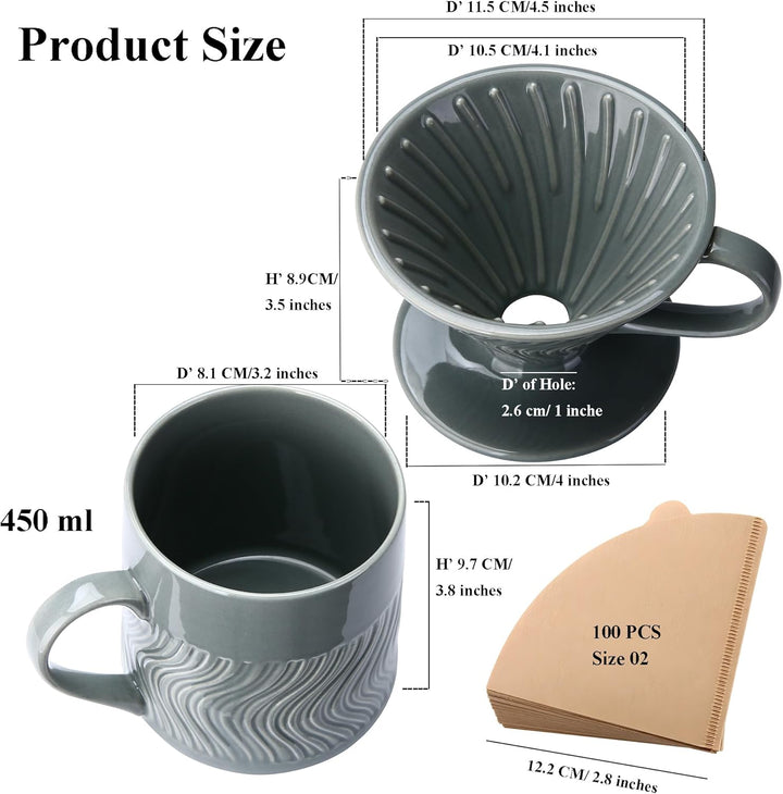 Pour-Over-Kaffeebereiter, Keramik Kaffee-Tropfer mit 100 Stück Grösse-02-Papierfilter, Keramik-Kanne