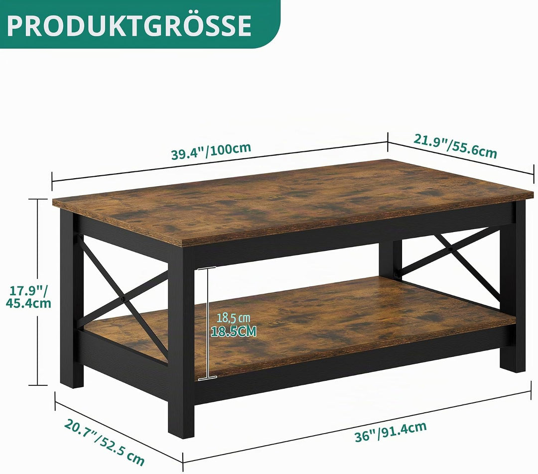 YITAHOME Couchtisch, Wohnzimmertisch, 2-stöckiger Dicker Holz Rechteckiger Couchtisch, X-Form Metal