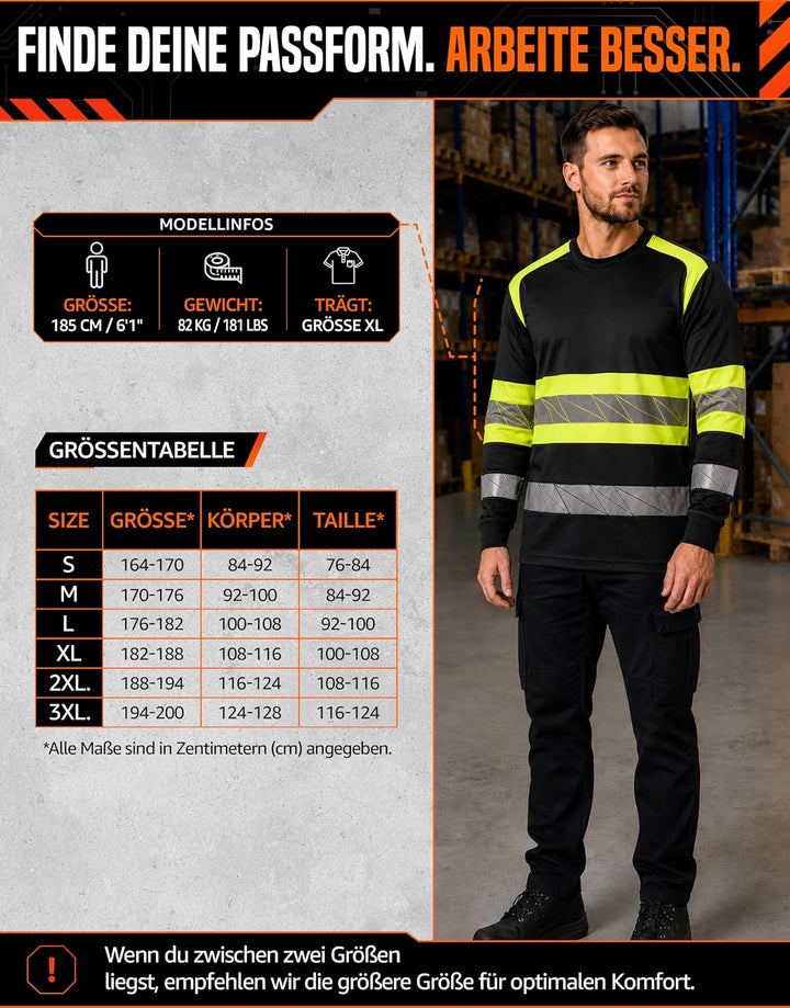 Warnschutz T-Shirt Langarm - Atmungsaktiv Warn Tshirt Herren XXL Schwarz Neongelb, XXL Schwarz Neong