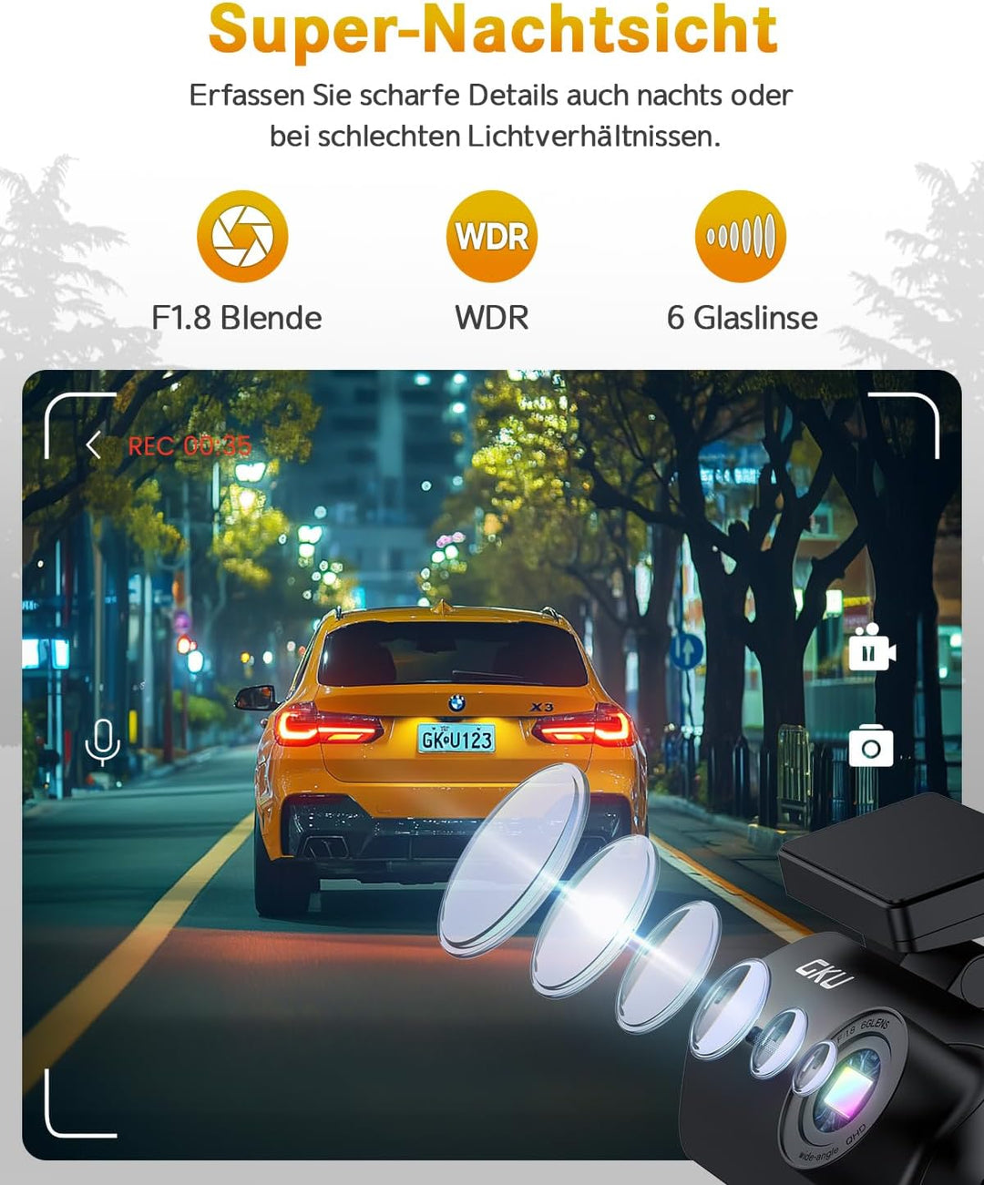 GKU 4K Dashcam Auto,Dashcam Auto vorne,Mini Auto Kamera mit integriertem WLAN,170° Weitwinkel,Nachts