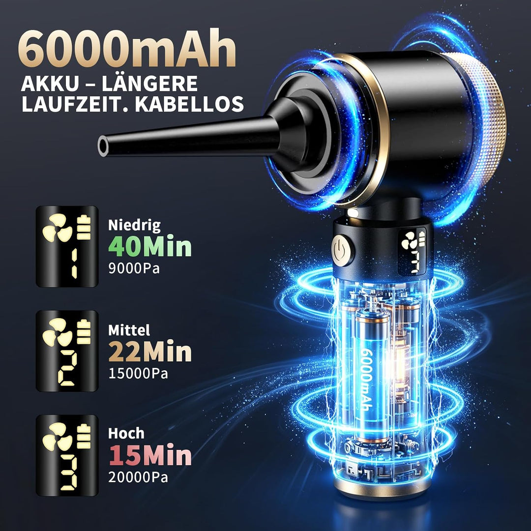 Handstaubsauger Akku 4-in-1 Auto Staubsauger 20000Pa 6000mAh | 4 Funktionen: Saugen, Blasen, Aufpump