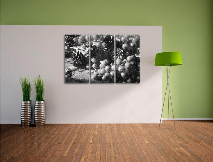 Pixxprint Vogelbeeren und Tannenzapfen Kunst als Leinwandbild/Grösse: 3 Teilig (120x80 cm) cm/Wandbi