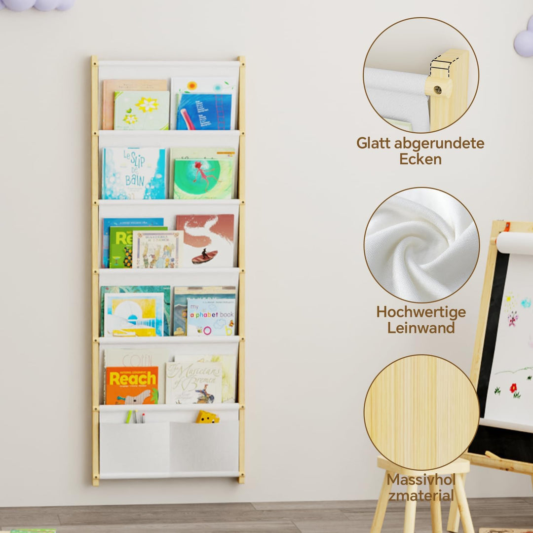 Bücherregal Kinder Wand Holz, mit 6 Lagige Taschen Wandregal Bücher Kinder, Montessori Bücherregal f