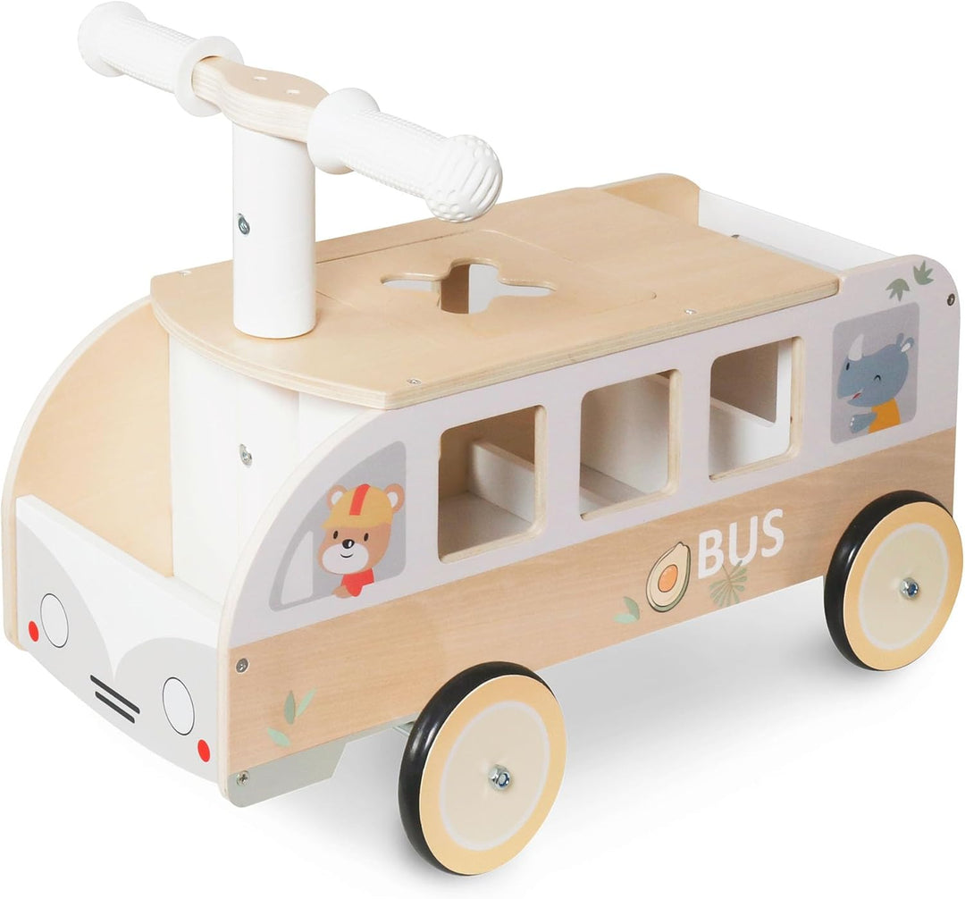 Mamabrum Holzreiter Kinderbusel MAM236 - Stabiler Bus mit Lenker und rutschfesten Rädern, Staufächer