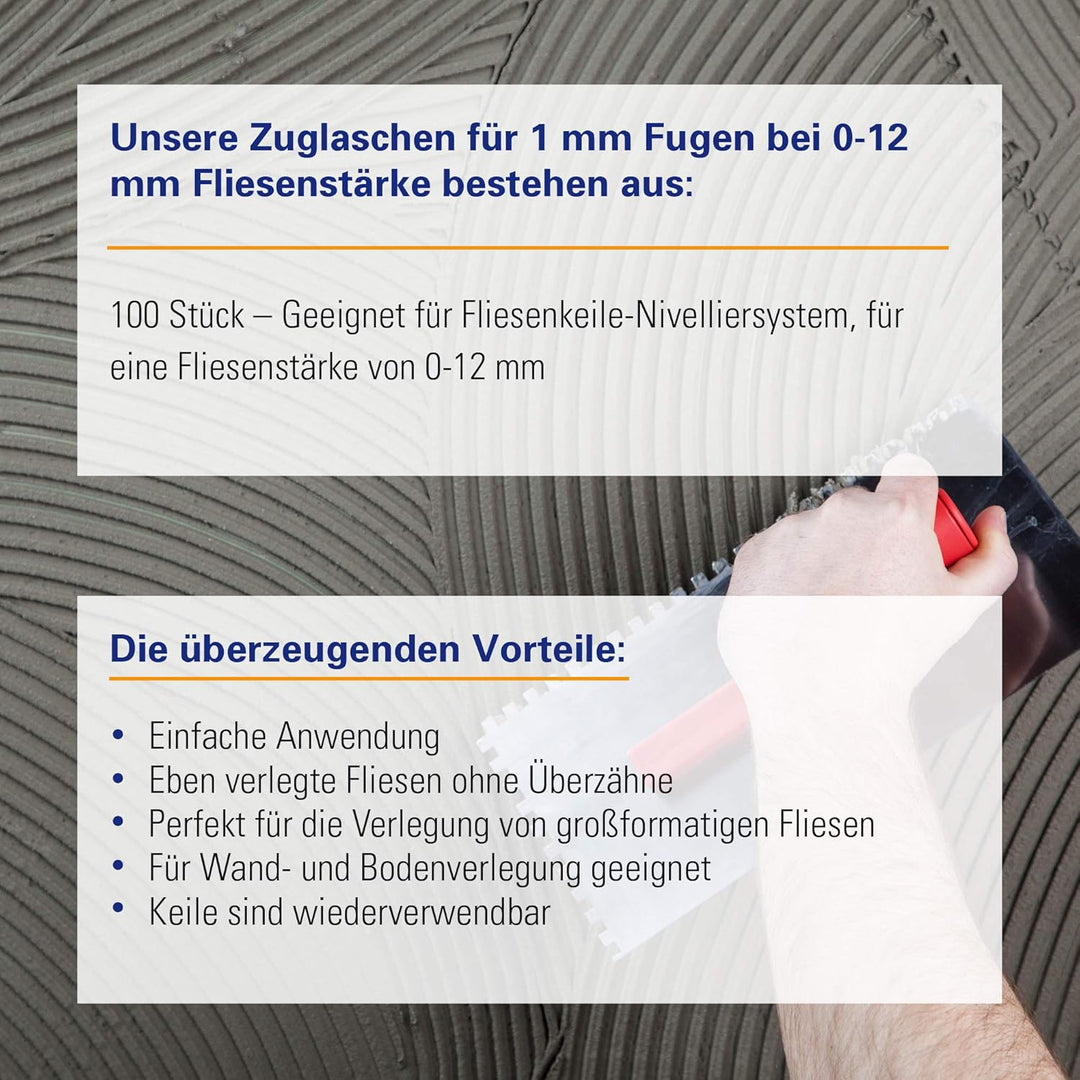 Karl Dahm Zuglaschen für 1 mm Fugen bei einer Fliesenstärke von 0-12 mm, 100 Stück – Geeignet für Fl