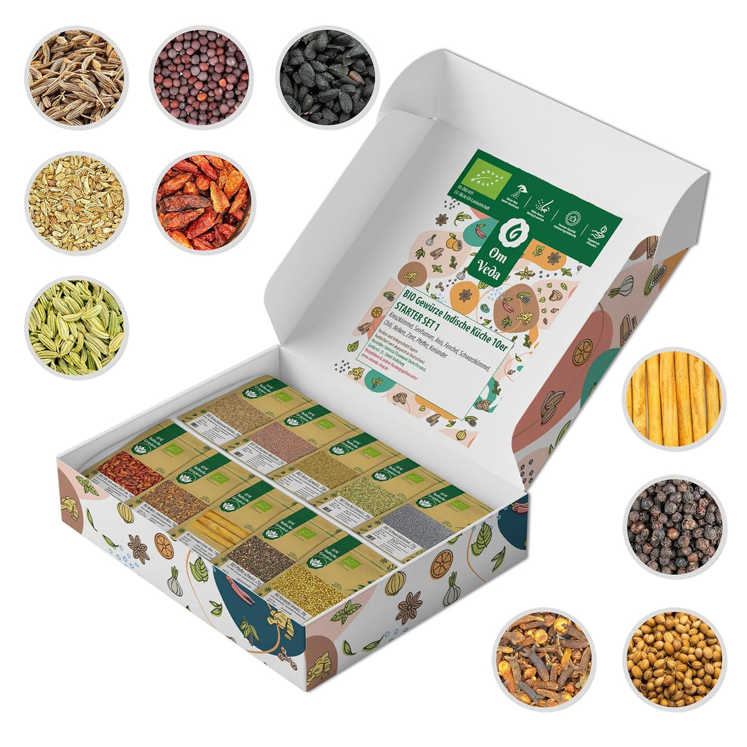BIO Gewürze Indische Küche 10er STARTER SET 1 - Kreuzkümmel, Senfsamen, Anis, Fenchel, Schwarzkümmel