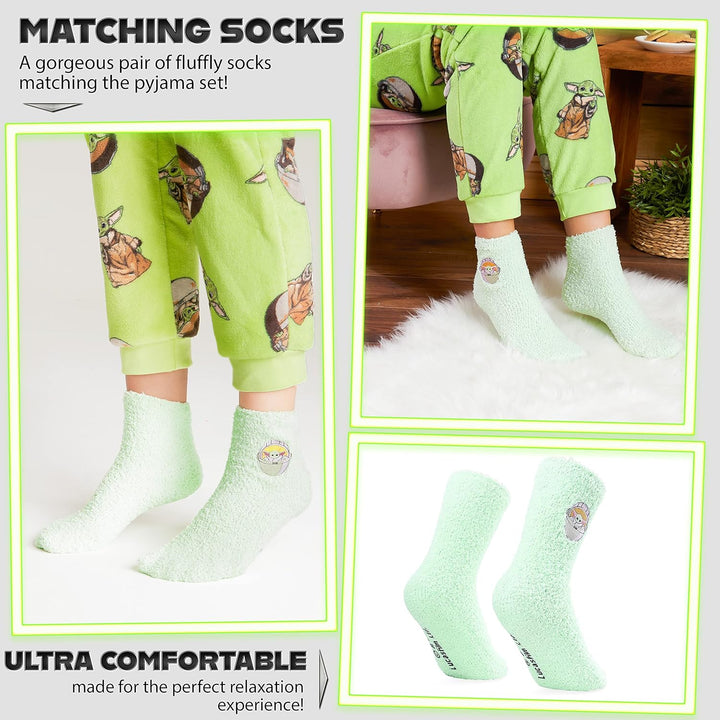 Disney Schlafanzug Damen mit Kuschelsocken Set Charaktere Stitch Geschenke Set S Grün Mandalorian, S