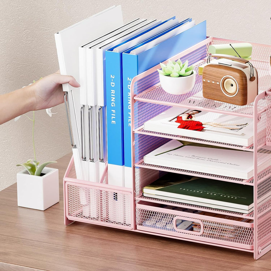 Marbrasse Schreibtisch Organizer mit Aktenhalter, 5 Ebenen Papier Briefablage mit Schublade und 2 St