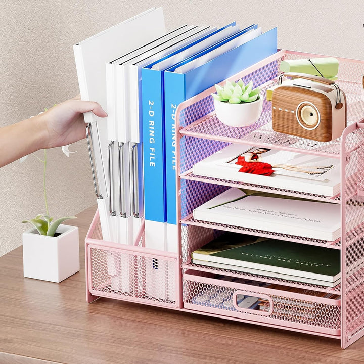 Marbrasse Schreibtisch Organizer mit Aktenhalter, 5 Ebenen Papier Briefablage mit Schublade und 2 St
