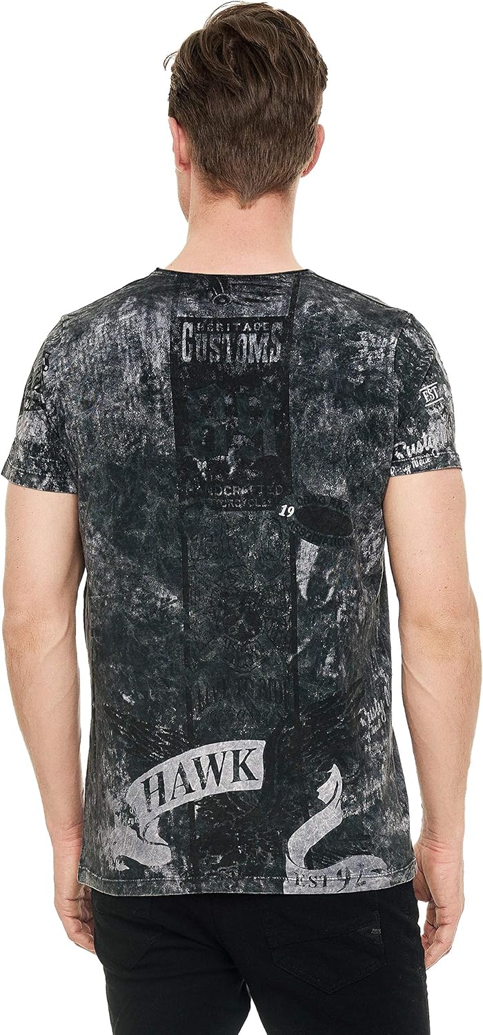 T-Shirt Herren Kurzarm Rundhals Tshirt Printed Shirt Regular Fit Verwaschen Plakativer Druck 232, Fa