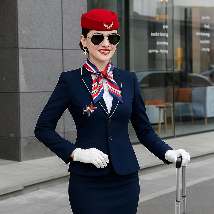 Professionelles Flugbegleiter-Kostüm für Damen, Stewardess-Thema, Karnevalskostüm mit Hut, Schal, Ha