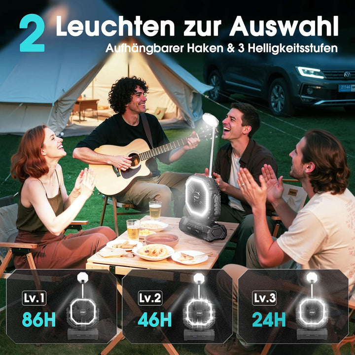 Camping Ventilator 20000mAh, Wiederaufladbarer Tischventilator USB Ventilator mit LED Licht & Haken,