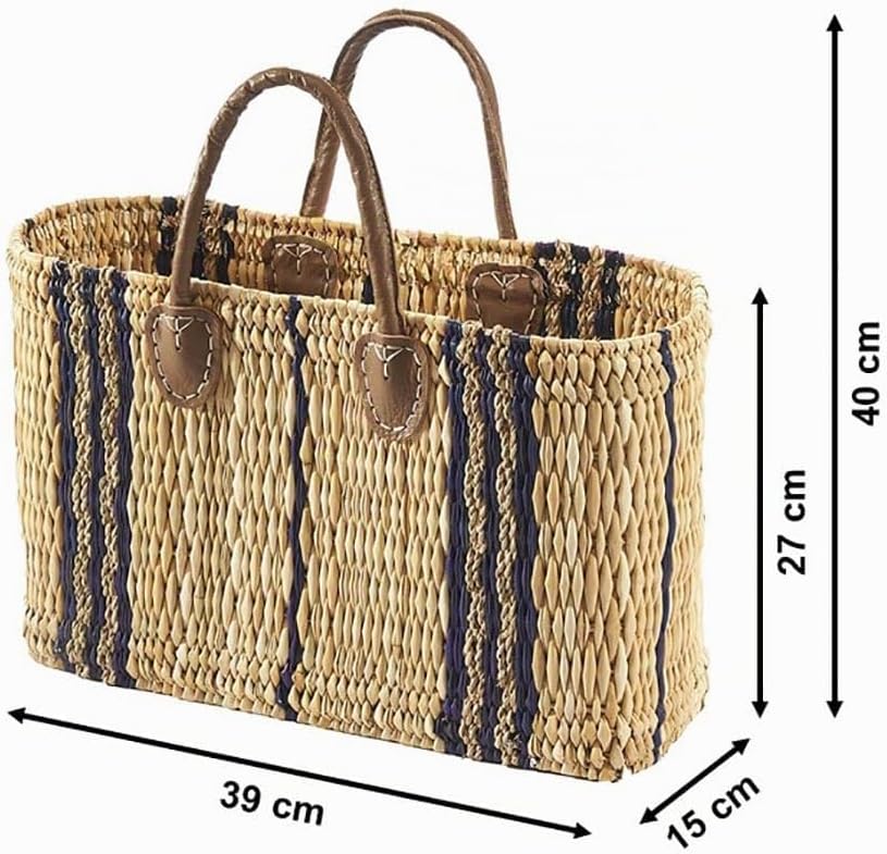 Kobolo Tasche Seegrastasche Korbtasche Strandtasche - Lederhenkel - Muster in blau