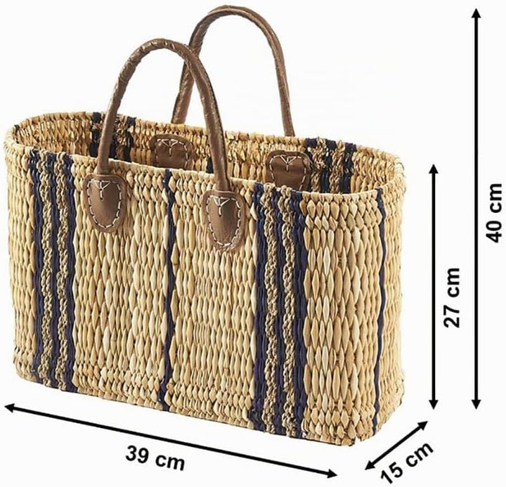 Kobolo Tasche Seegrastasche Korbtasche Strandtasche - Lederhenkel - Muster in blau