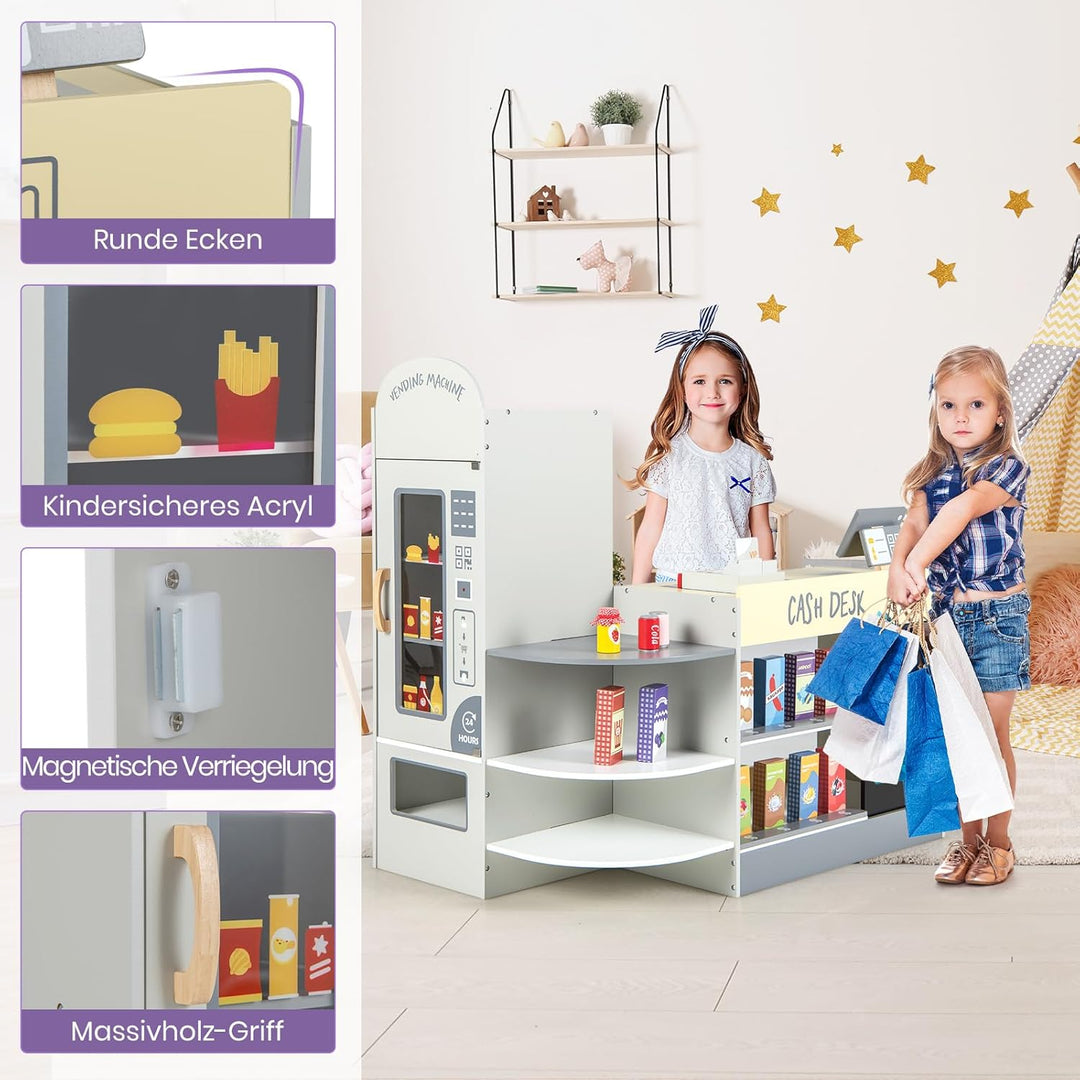 GOPLUS Kinder Kaufladen, Supermarkt aus Holz, Kaufmannsladen mit mit Kasse, POS-Automat & Verkaufsau