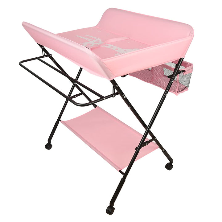 Baby Wickelkombi Klappbare Wickelkommode,Wickeltisch mit Rollen,Mobiler Wickeltisch mit Wickelauflag