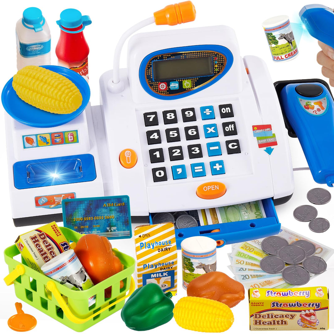 HERSITY Grosse Kinderkasse, Spielzeug Kasse mit Scanner und Sound, Spiel Supermarkt Kinder Kaufladen