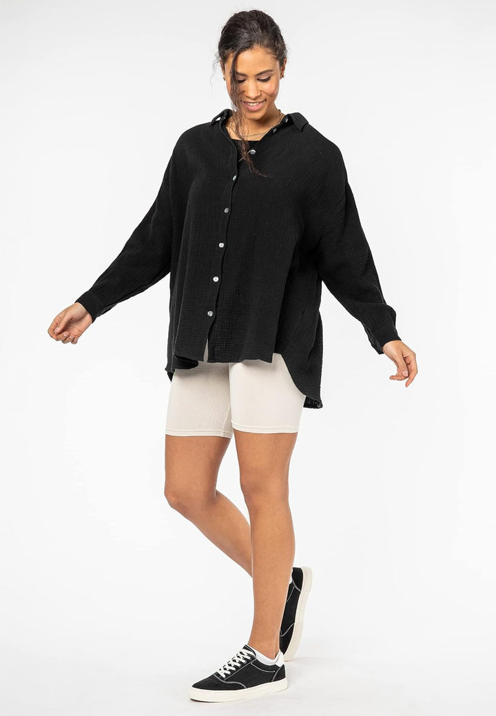 Sublevel Damen Musselin Bluse Muslin Long-Bluse Langarm Oversize Baumwolle S-M Schwarz, S-M Schwarz