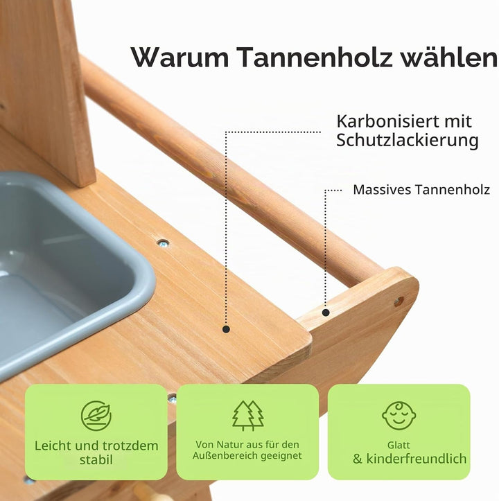 OOOK Matschküche Kinder Outdoor mit Rädern, Outdoorküche Kinder aus Holz, Gartenspielküche Outdoor f