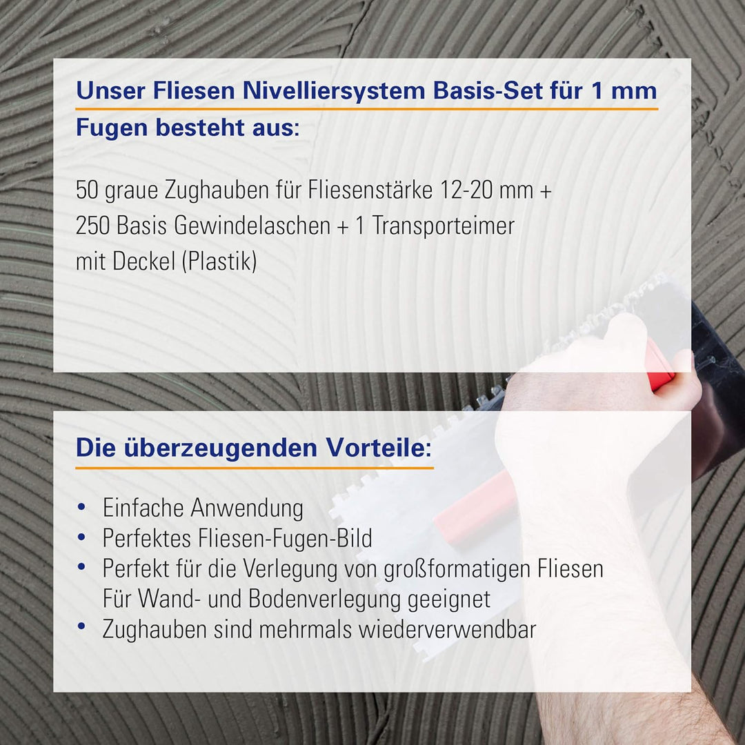 Karl Dahm Fliesen Nivelliersystem Basis-Set für 1 mm Fugen: 50 graue Zughauben für Fliesenstärke 12-