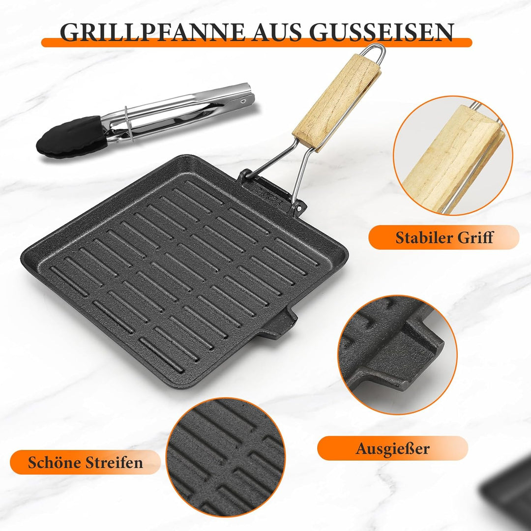 AWAOVV Steakpfanne Gusseisen,23x23cm Grillpfanne mit Klappbarem Holzgriff und Lebensmittelclips,Klap