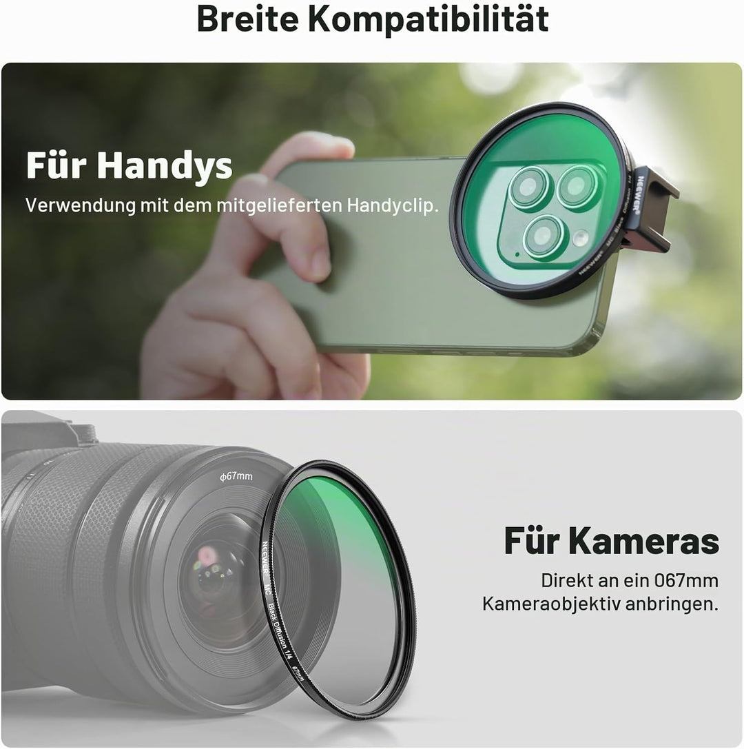 NEEWER 67 mm 1/4 schwarzer Diffusionsfilter & Kaltschuh-Handyclip für Handy, inklusive Tragetasche u