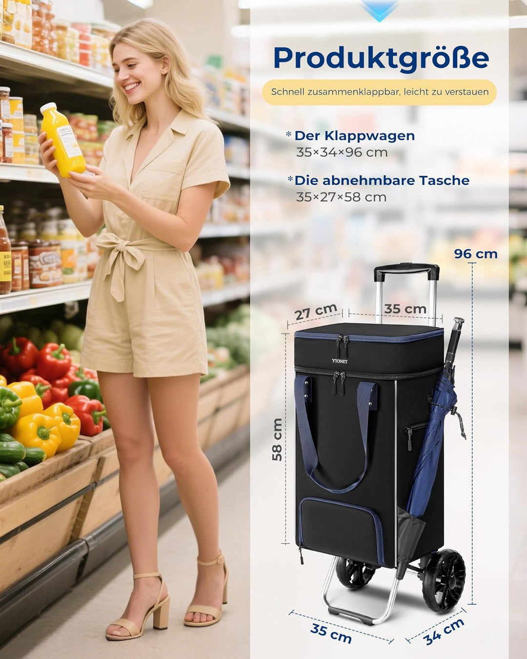 Ytonet Einkaufstrolley Klappbar mit Kühlfach, Einkaufswagen Gross Wasserdicht mit Starrer Bodenplatt