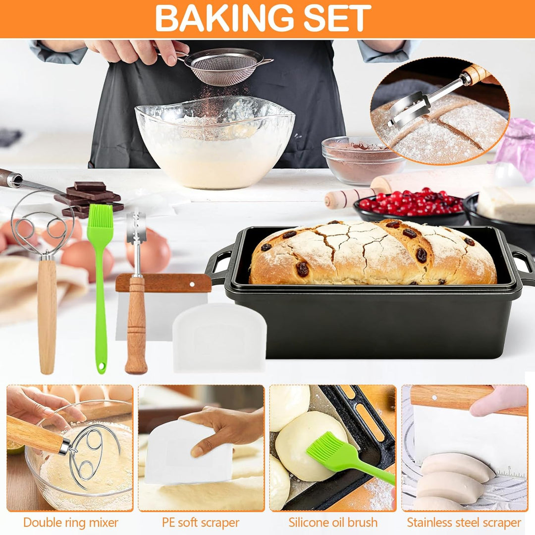 Gusseisen Topf Brot Backen Set, Gusseisen Brotbackform 30cm mit Deckel Antihaft-Silikonmatten Brotba