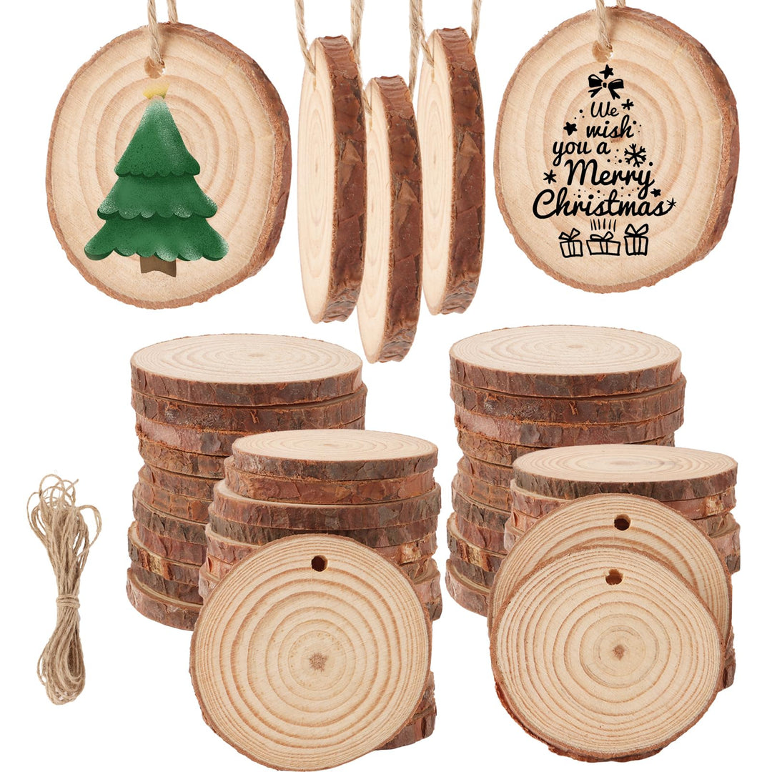 APACALI 100 Stück Holzscheiben 5CM, Holzscheiben zum Basteln mit Loch, Baumscheiben mit Rinde, Rund