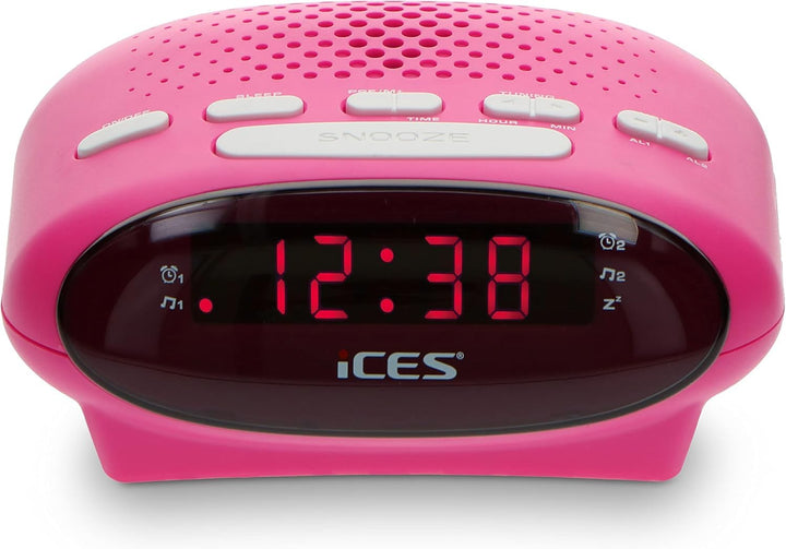 Ices ICR-210 Pink - FM Uhrenradio - Radiowecker mit 2 Weckzeiten - PLL FM - Schlummerfunktion - Slee