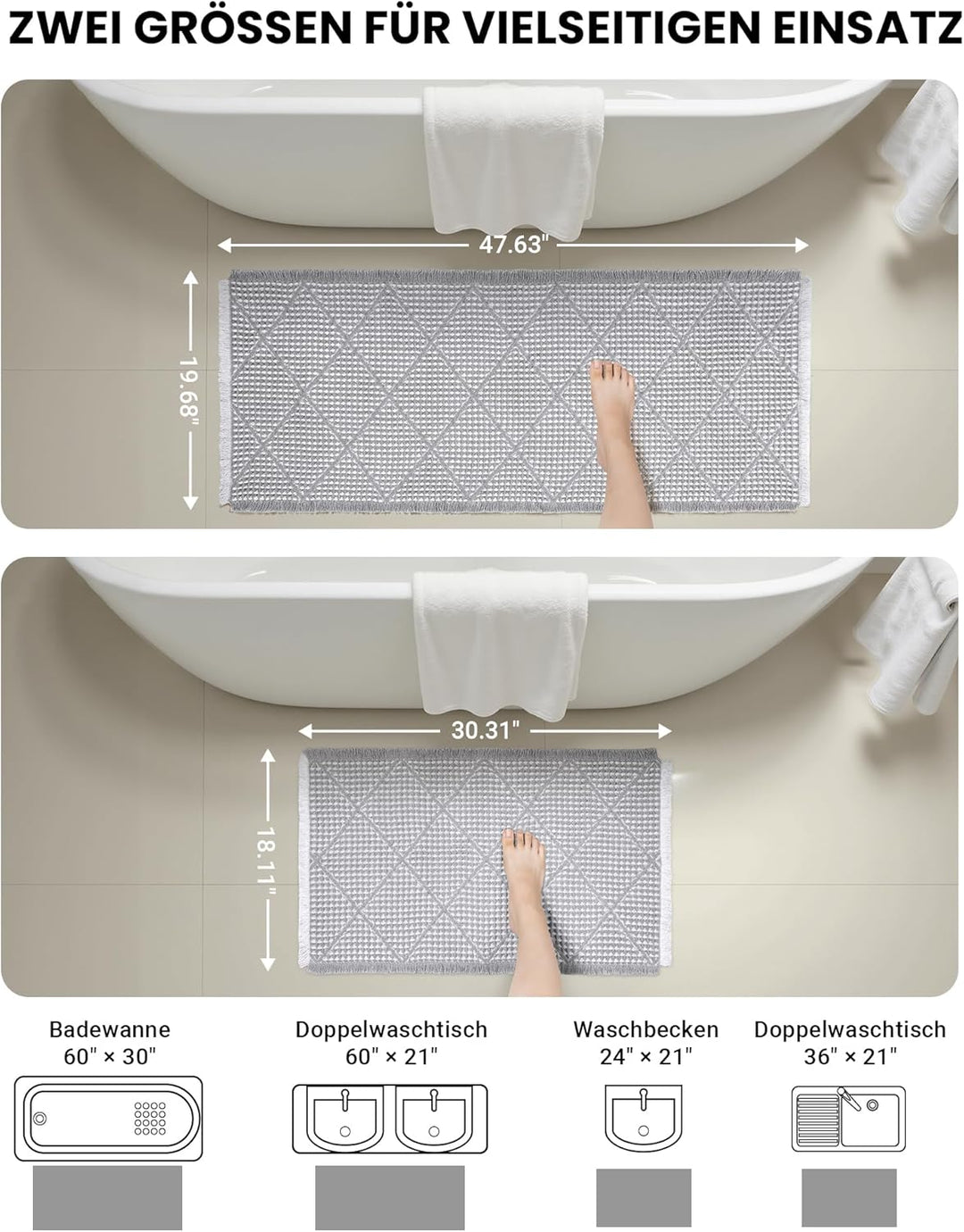 Grosses Badezimmerteppich Set 2 Teilig, Badteppich Rutschfest Waschbar, Badematte Grau, Boho Bathroo