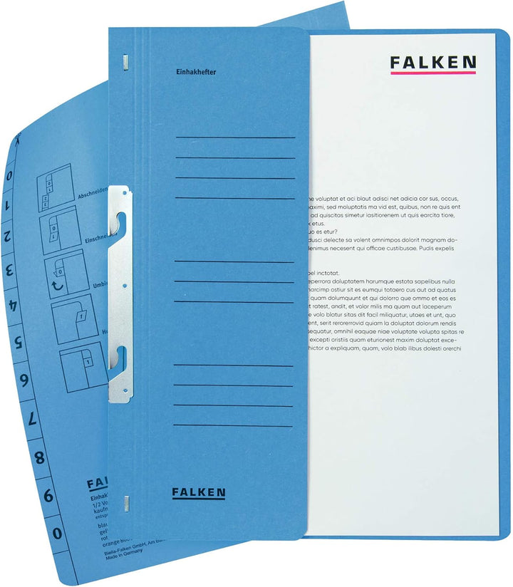 Original Falken 50er Pack Einhakhefter. Made in Germany. Aus Recycling-Karton mit halbem Vorderdecke