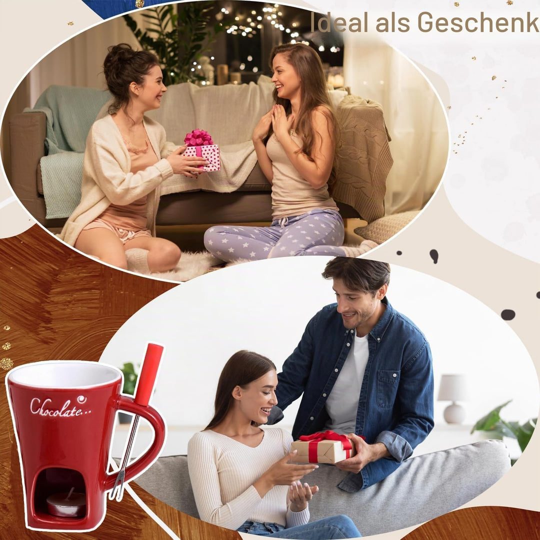 WELLXUNK Schokoladen Fondue Becher Set, 200 ml Keramik Schokoladenfondue Tasse, Rot Schokofondue Tas