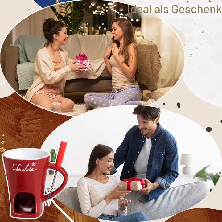 WELLXUNK Schokoladen Fondue Becher Set, 200 ml Keramik Schokoladenfondue Tasse, Rot Schokofondue Tas