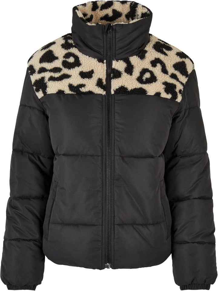 Urban Classics Damen Ladies AOP Sherpa Mixed Puffer Jacket Jacke 5XL Black/Sandleo, 5XL Black/Sandle