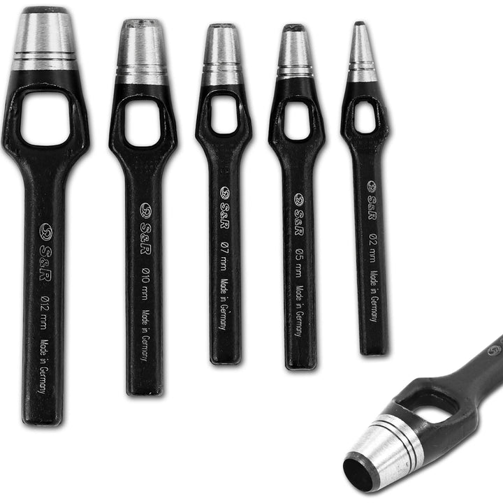 S&amp;R Henkellocheisen Satz 5-tlg.: 2, 5, 7, 10, 12 mm/MADE IN GERMANY/in Kunststoffrolltasche Locheise