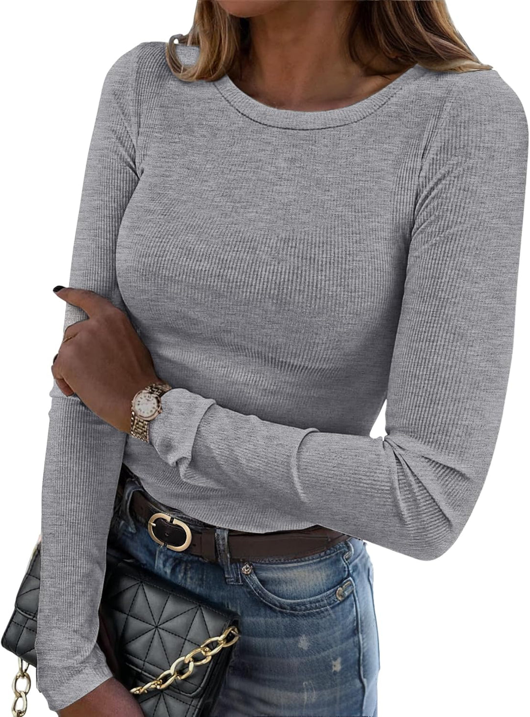 DUOEASE Langarmshirt Damen Rundhal Pullover Elegant Langarm Oberteile Rippshirt Tshirts Basic Tops G