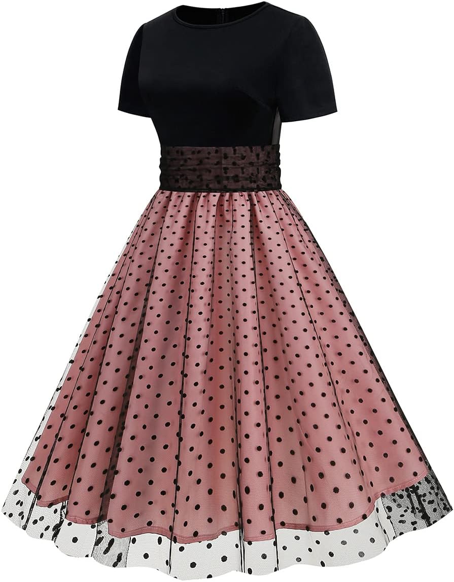 Odizli Rockabilly Kleider Damen 50er Jahre Kurzarm Mesh Polka Dot Tüllkleid Sommer Swing Coctailklei