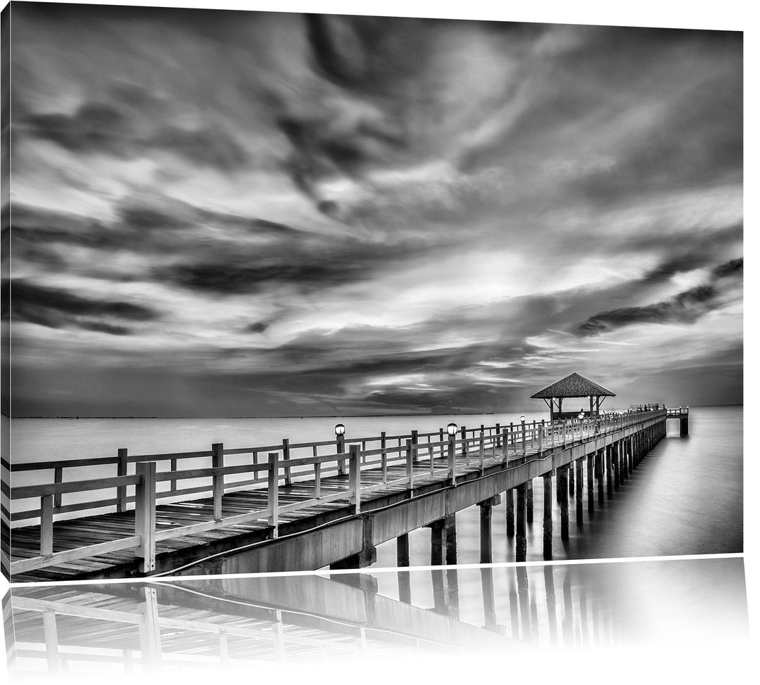 Pixxprint Monocrome, romantischer Steg ins Meer bei Sonnenuntergang, Format: 100x70 auf Leinwand, 10