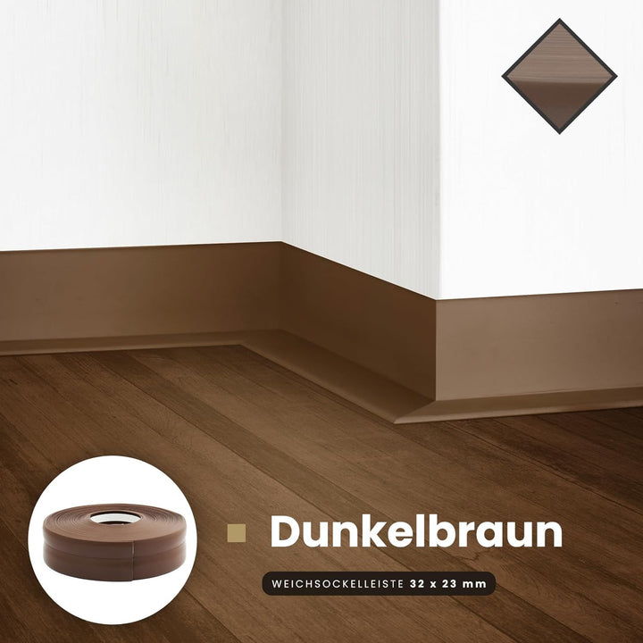 DQ-PP WEICHSOCKELLEISTE | 20m | dunkelbraun | 32x23mm | PVC | selbstklebend | Knickwinkel Fussleiste
