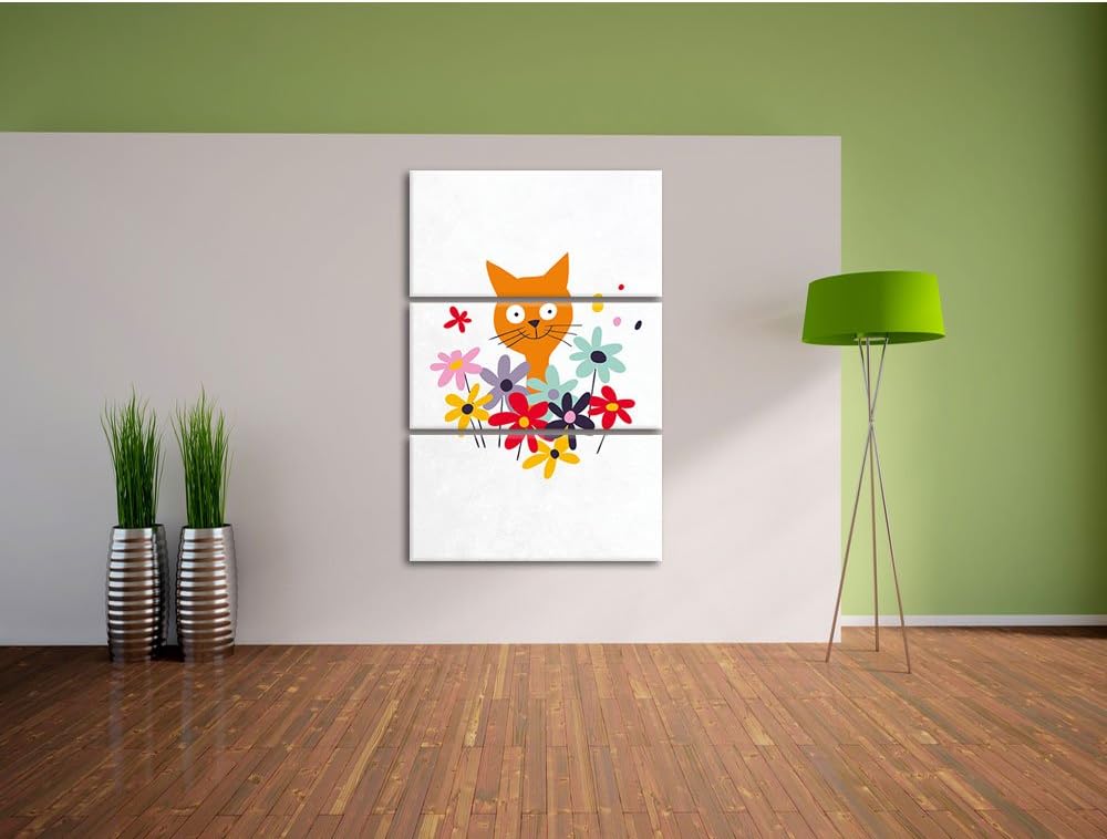 Pixxprint Fröhliche Katze mit Blumen als Leinwandbild/Grösse: 3 Teilig (120x80) cm/Wandbild/Kunstdru
